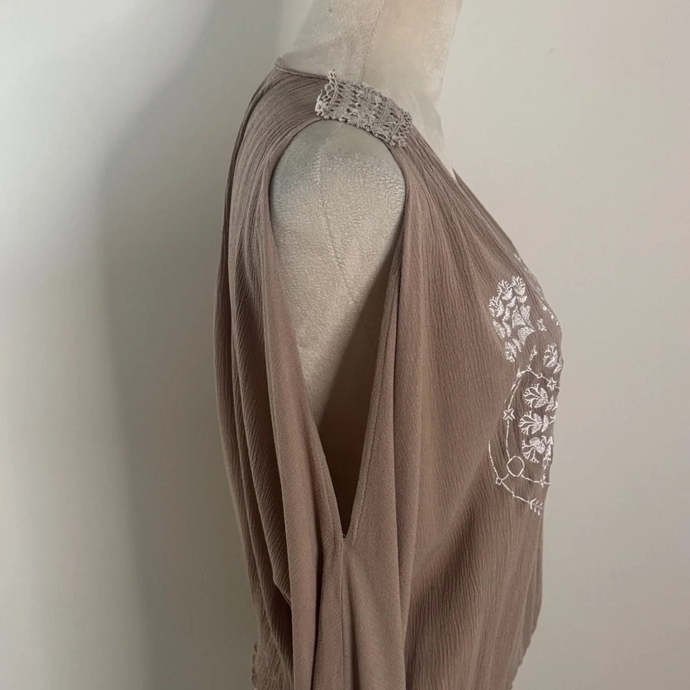 Phanuel Cold Shoulder Beige Blouse with White Floral Embroidery